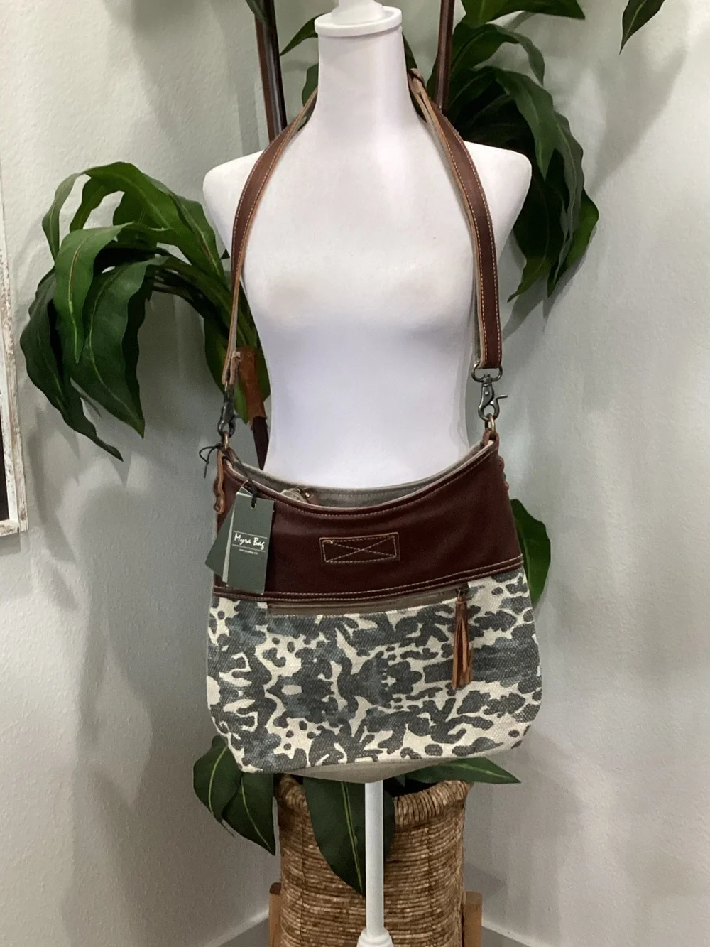 Myra Bag Brown Leather & Gray Camo Shoulder Bag